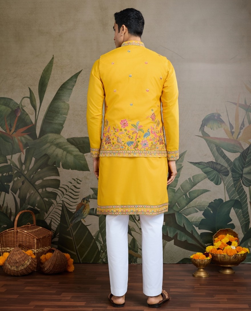 61233-yellow - Designer Yellow Cotton Kurta with Koti Jacket Online